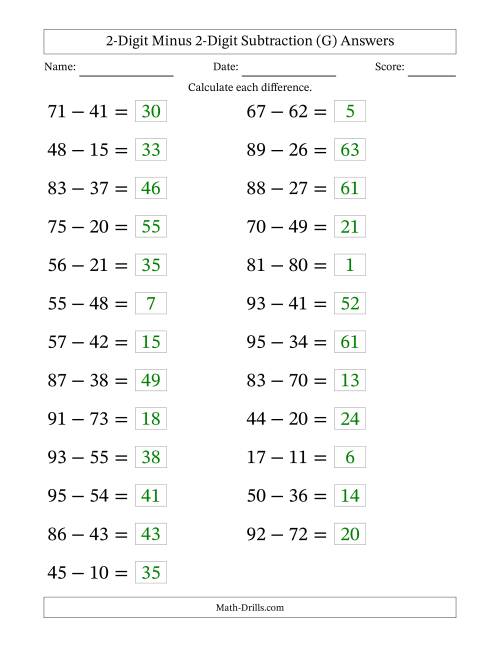 The Horizontally Arranged Two-Digit Minus Two-Digit Subtraction(25 Questions; Large Print) (G) Math Worksheet Page 2