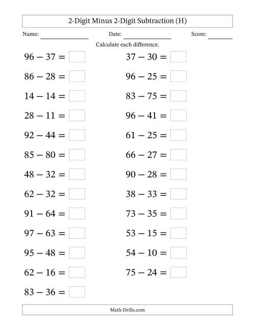 The Horizontally Arranged Two-Digit Minus Two-Digit Subtraction(25 Questions; Large Print) (H) Math Worksheet