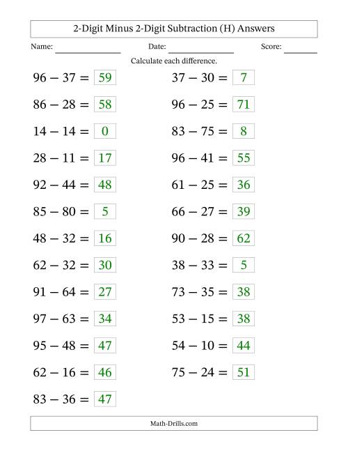 The Horizontally Arranged Two-Digit Minus Two-Digit Subtraction(25 Questions; Large Print) (H) Math Worksheet Page 2