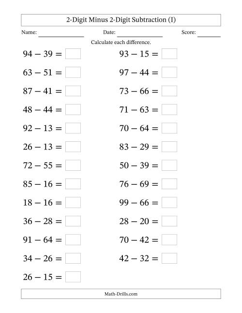The Horizontally Arranged Two-Digit Minus Two-Digit Subtraction(25 Questions; Large Print) (I) Math Worksheet