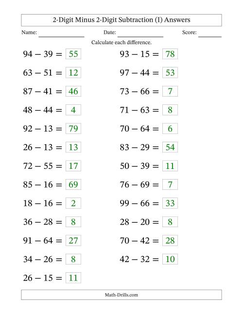 The Horizontally Arranged Two-Digit Minus Two-Digit Subtraction(25 Questions; Large Print) (I) Math Worksheet Page 2