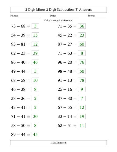 The Horizontally Arranged Two-Digit Minus Two-Digit Subtraction(25 Questions; Large Print) (J) Math Worksheet Page 2
