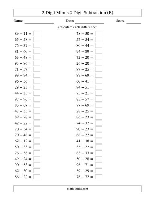 The Horizontally Arranged Two-Digit Minus Two-Digit Subtraction(50 Questions) (B) Math Worksheet