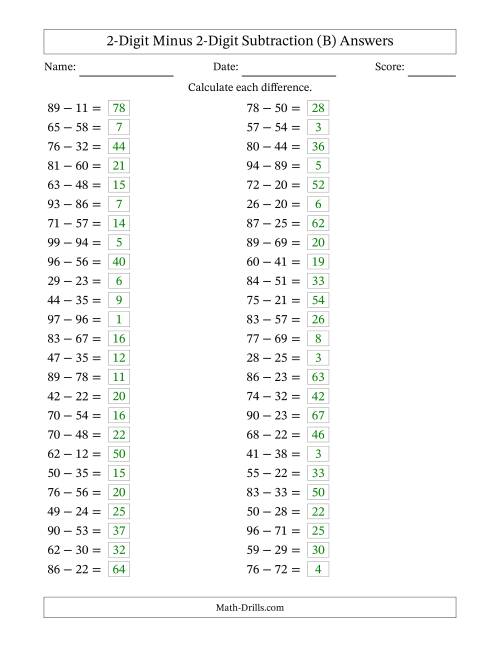 The Horizontally Arranged Two-Digit Minus Two-Digit Subtraction(50 Questions) (B) Math Worksheet Page 2