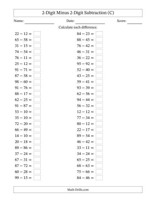The Horizontally Arranged Two-Digit Minus Two-Digit Subtraction(50 Questions) (C) Math Worksheet