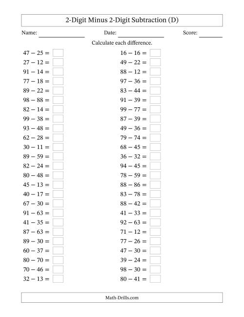 The Horizontally Arranged Two-Digit Minus Two-Digit Subtraction(50 Questions) (D) Math Worksheet