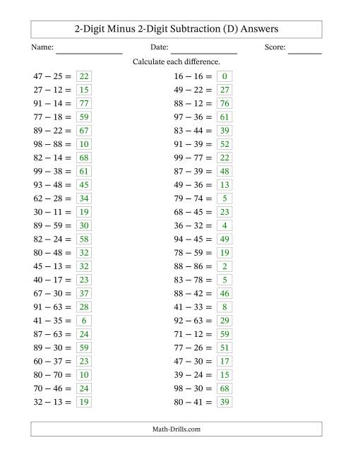 The Horizontally Arranged Two-Digit Minus Two-Digit Subtraction(50 Questions) (D) Math Worksheet Page 2