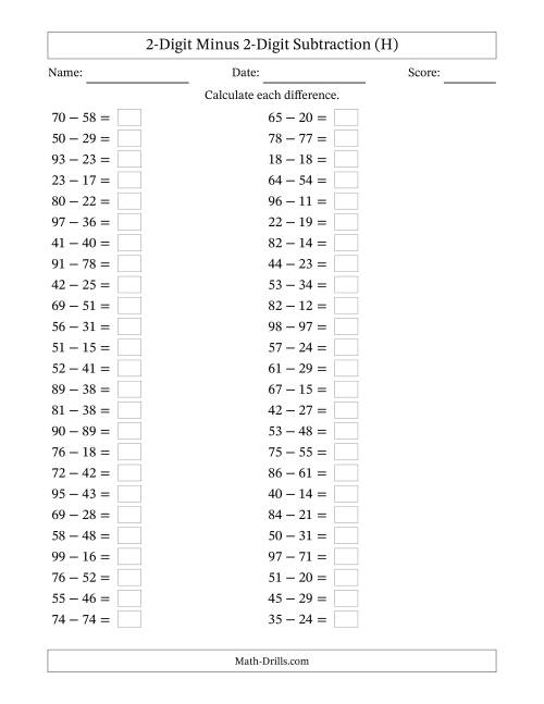 The Horizontally Arranged Two-Digit Minus Two-Digit Subtraction(50 Questions) (H) Math Worksheet