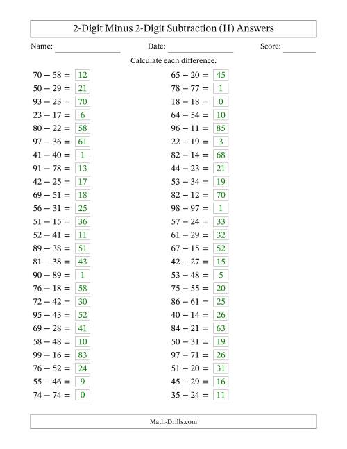 The Horizontally Arranged Two-Digit Minus Two-Digit Subtraction(50 Questions) (H) Math Worksheet Page 2