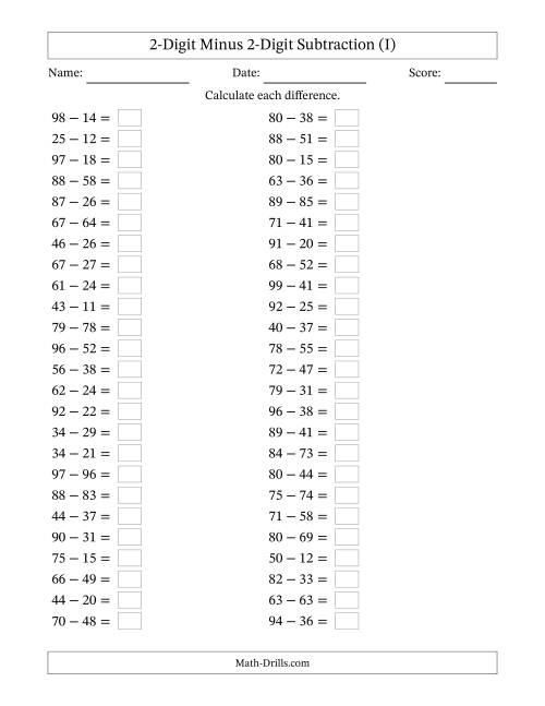 The Horizontally Arranged Two-Digit Minus Two-Digit Subtraction(50 Questions) (I) Math Worksheet