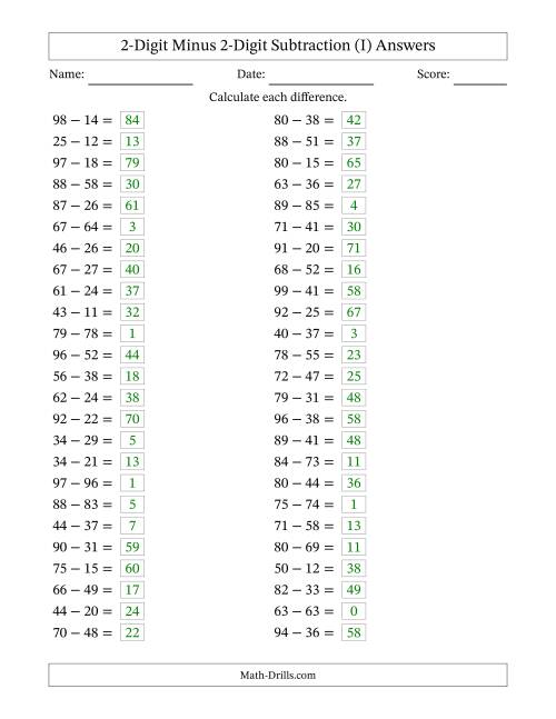 The Horizontally Arranged Two-Digit Minus Two-Digit Subtraction(50 Questions) (I) Math Worksheet Page 2