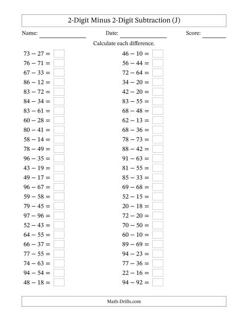 The Horizontally Arranged Two-Digit Minus Two-Digit Subtraction(50 Questions) (J) Math Worksheet