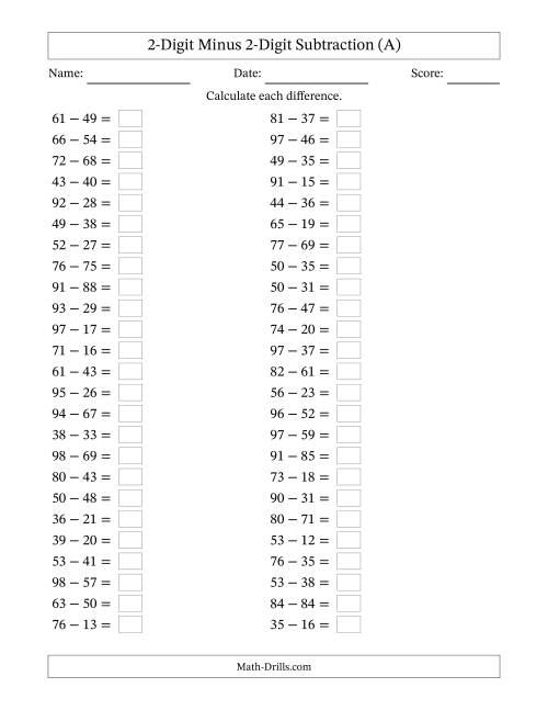 The Horizontally Arranged Two-Digit Minus Two-Digit Subtraction(50 Questions) (All) Math Worksheet