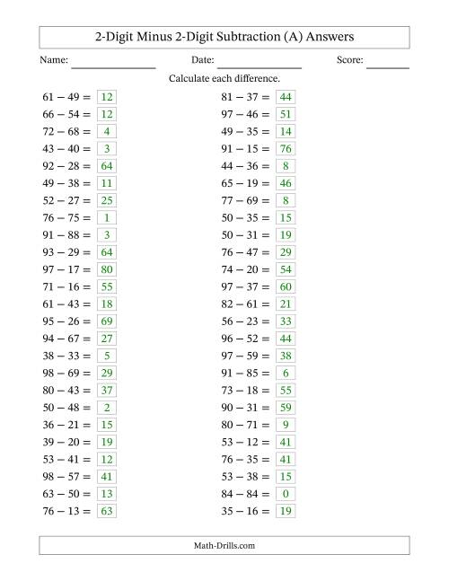 The Horizontally Arranged Two-Digit Minus Two-Digit Subtraction(50 Questions) (All) Math Worksheet Page 2