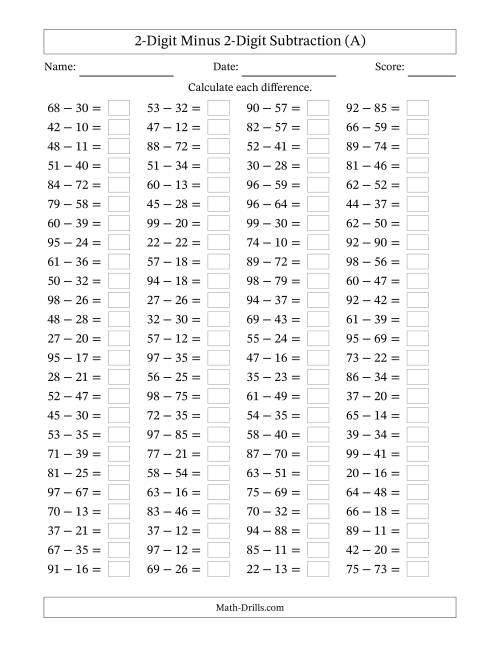 The Two-Digit Minus Two-Digit Horizontal Subtraction (100 Questions) (A) Math Worksheet