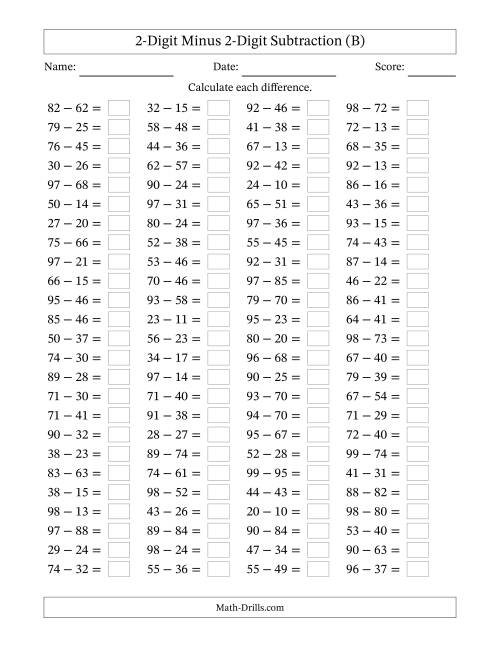 The Horizontally Arranged Two-Digit Minus Two-Digit Subtraction(100 Questions) (B) Math Worksheet