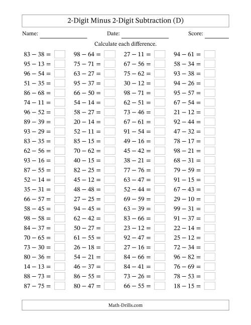 The Horizontally Arranged Two-Digit Minus Two-Digit Subtraction(100 Questions) (D) Math Worksheet
