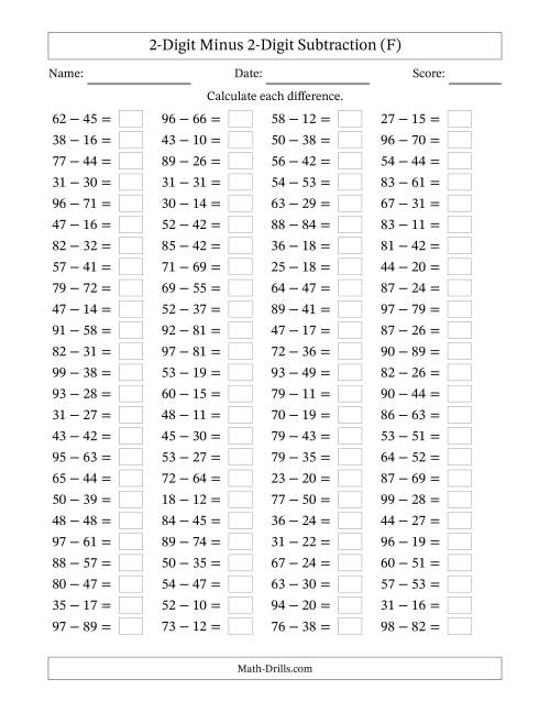 The Horizontally Arranged Two-Digit Minus Two-Digit Subtraction(100 Questions) (F) Math Worksheet