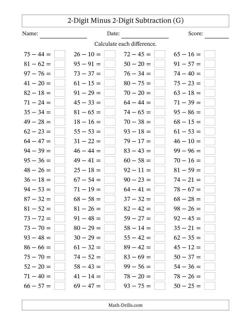 The Horizontally Arranged Two-Digit Minus Two-Digit Subtraction(100 Questions) (G) Math Worksheet