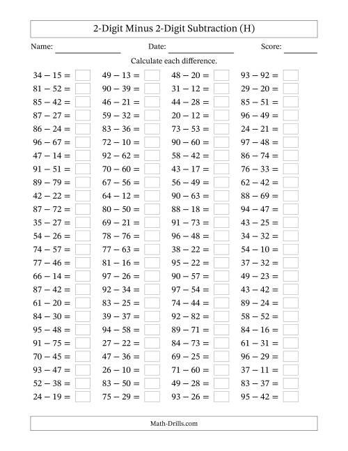 The Horizontally Arranged Two-Digit Minus Two-Digit Subtraction(100 Questions) (H) Math Worksheet