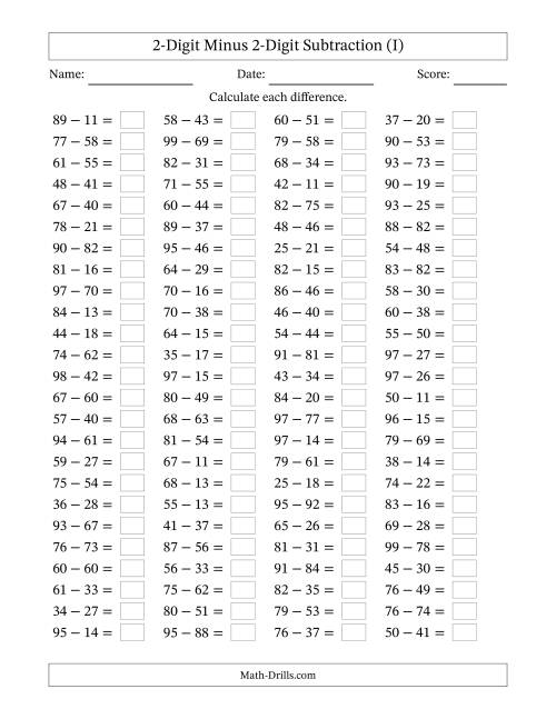 The Horizontally Arranged Two-Digit Minus Two-Digit Subtraction(100 Questions) (I) Math Worksheet