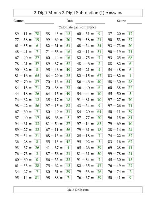 The Horizontally Arranged Two-Digit Minus Two-Digit Subtraction(100 Questions) (I) Math Worksheet Page 2