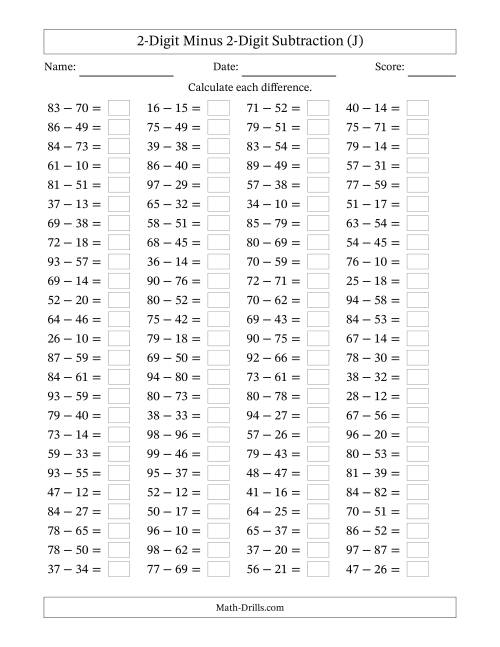The Horizontally Arranged Two-Digit Minus Two-Digit Subtraction(100 Questions) (J) Math Worksheet