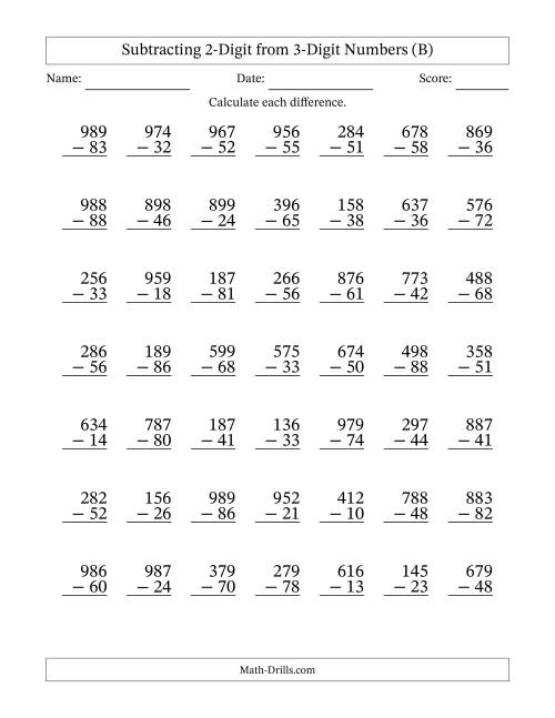 The Subtracting 2-Digit from 3-Digit Numbers With No Regrouping (49 Questions) (B) Math Worksheet