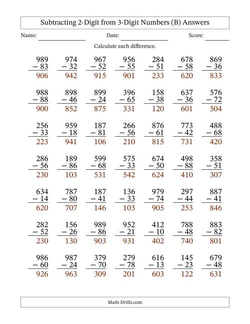 The Subtracting 2-Digit from 3-Digit Numbers With No Regrouping (49 Questions) (B) Math Worksheet Page 2
