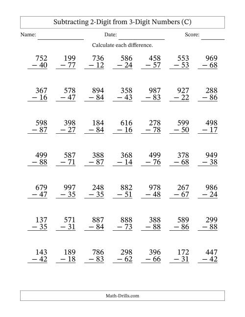 The Subtracting 2-Digit from 3-Digit Numbers With No Regrouping (49 Questions) (C) Math Worksheet