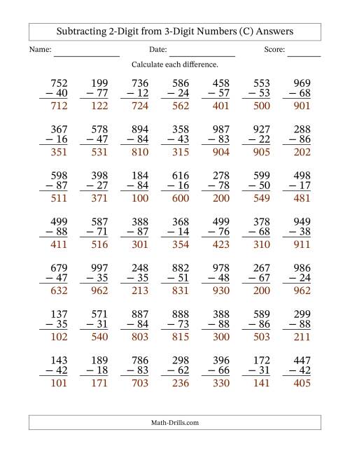 The Subtracting 2-Digit from 3-Digit Numbers With No Regrouping (49 Questions) (C) Math Worksheet Page 2