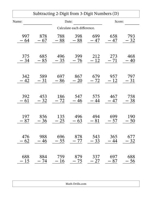 The Subtracting 2-Digit from 3-Digit Numbers With No Regrouping (49 Questions) (D) Math Worksheet