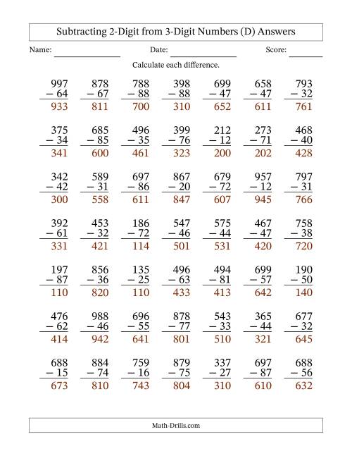 The 3-Digit Minus 2-Digit Subtraction with NO Regrouping (D) Math Worksheet Page 2