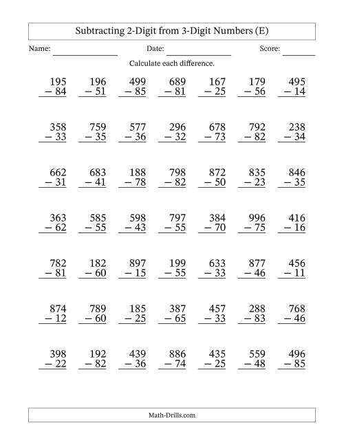 The 3-Digit Minus 2-Digit Subtraction with NO Regrouping (E) Math Worksheet