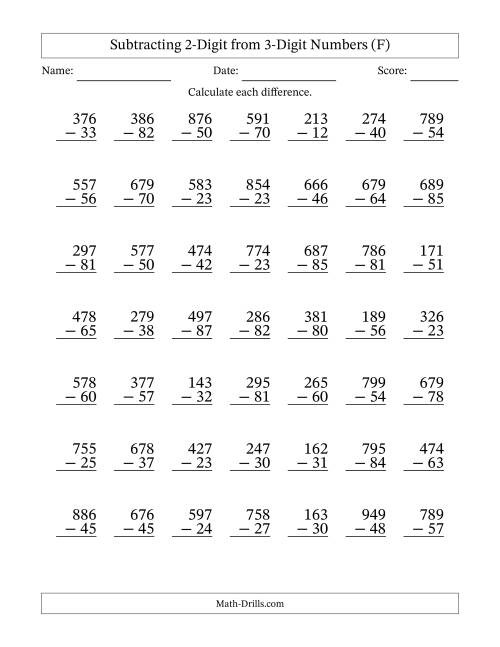 The 3-Digit Minus 2-Digit Subtraction with NO Regrouping (F) Math Worksheet