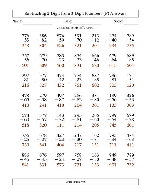 The 3-Digit Minus 2-Digit Subtraction with NO Regrouping (F) Math Worksheet Page 2