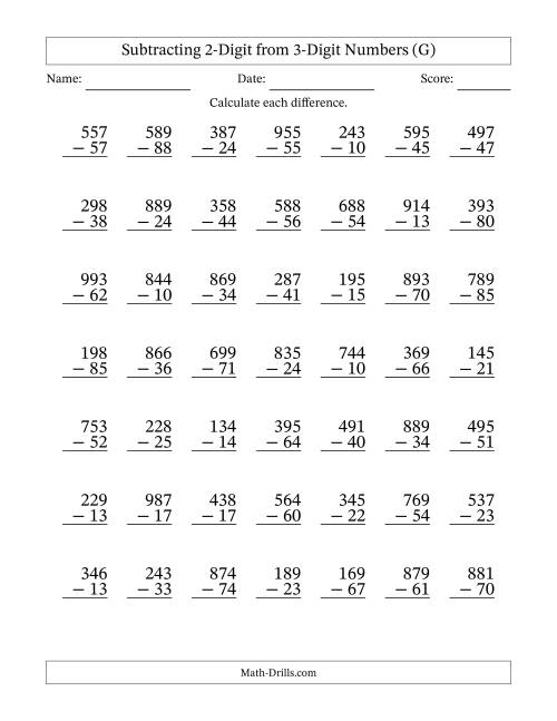 The 3-Digit Minus 2-Digit Subtraction with NO Regrouping (G) Math Worksheet