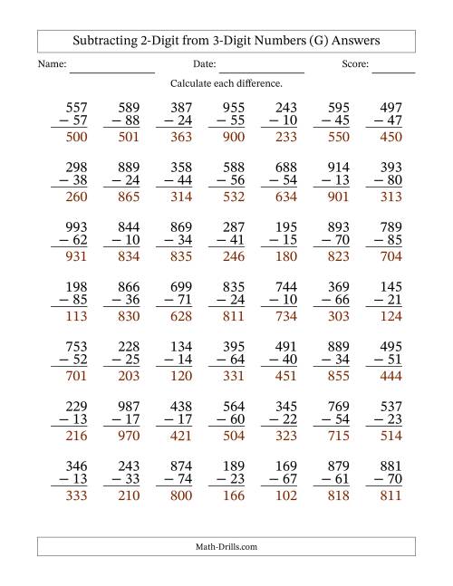 The 3-Digit Minus 2-Digit Subtraction with NO Regrouping (G) Math Worksheet Page 2
