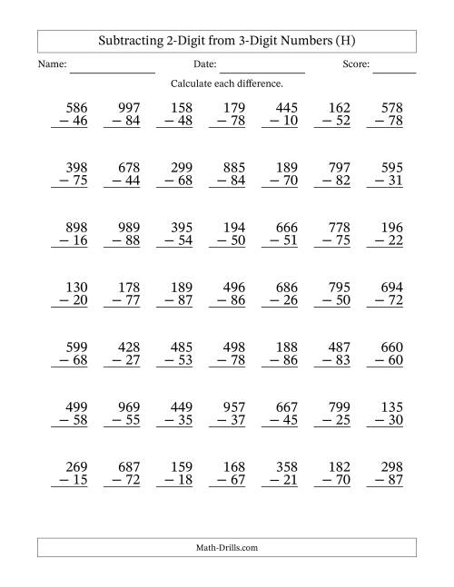 The Subtracting 2-Digit from 3-Digit Numbers With No Regrouping (49 Questions) (H) Math Worksheet