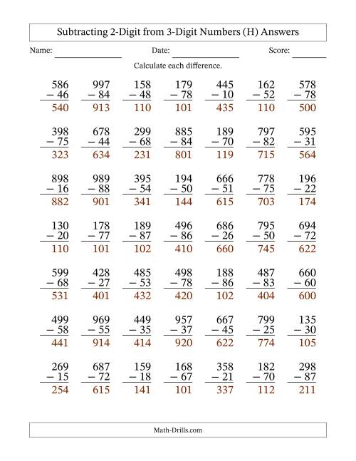 The Subtracting 2-Digit from 3-Digit Numbers With No Regrouping (49 Questions) (H) Math Worksheet Page 2