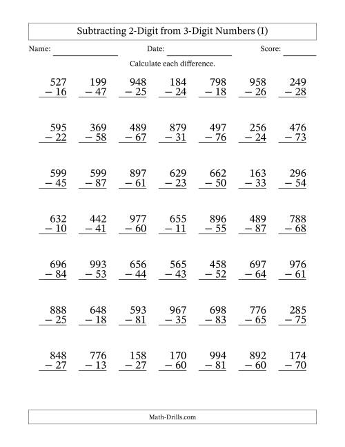 The Subtracting 2-Digit from 3-Digit Numbers With No Regrouping (49 Questions) (I) Math Worksheet