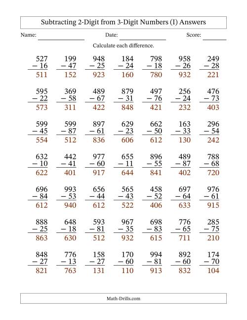 The Subtracting 2-Digit from 3-Digit Numbers With No Regrouping (49 Questions) (I) Math Worksheet Page 2
