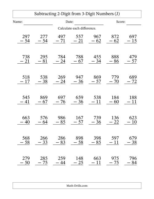 The Subtracting 2-Digit from 3-Digit Numbers With No Regrouping (49 Questions) (J) Math Worksheet