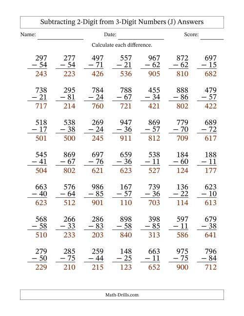 The Subtracting 2-Digit from 3-Digit Numbers With No Regrouping (49 Questions) (J) Math Worksheet Page 2