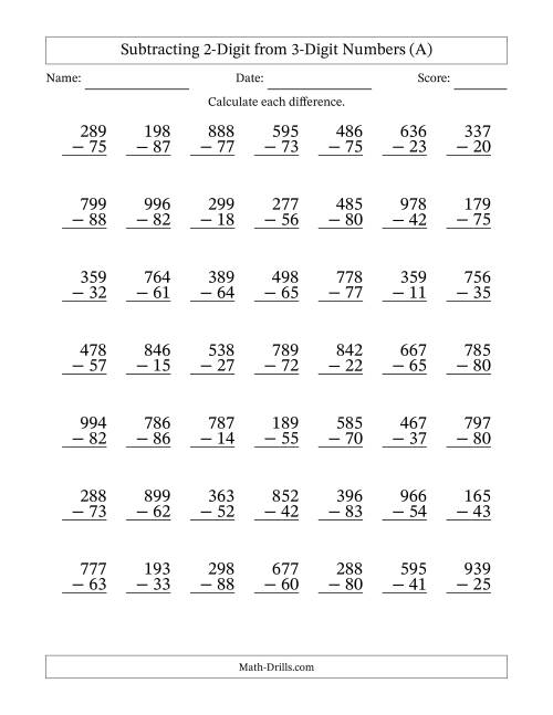 The Subtracting 2-Digit from 3-Digit Numbers With No Regrouping (49 Questions) (All) Math Worksheet