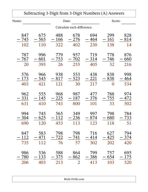 The Subtracting 3-Digit from 3-Digit Numbers With No Regrouping (49 Questions) (A) Math Worksheet Page 2
