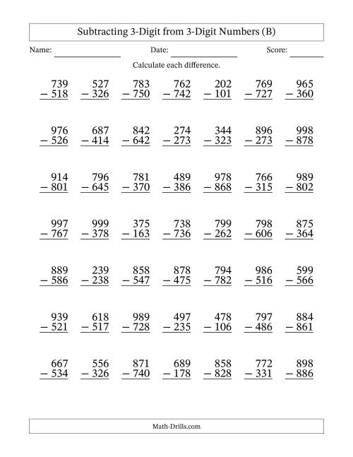 The Subtracting 3-Digit from 3-Digit Numbers With No Regrouping (49 Questions) (B) Math Worksheet
