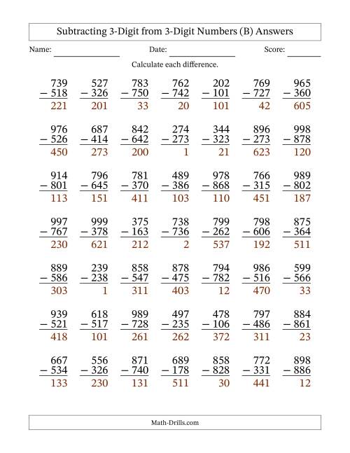 The Subtracting 3-Digit from 3-Digit Numbers With No Regrouping (49 Questions) (B) Math Worksheet Page 2