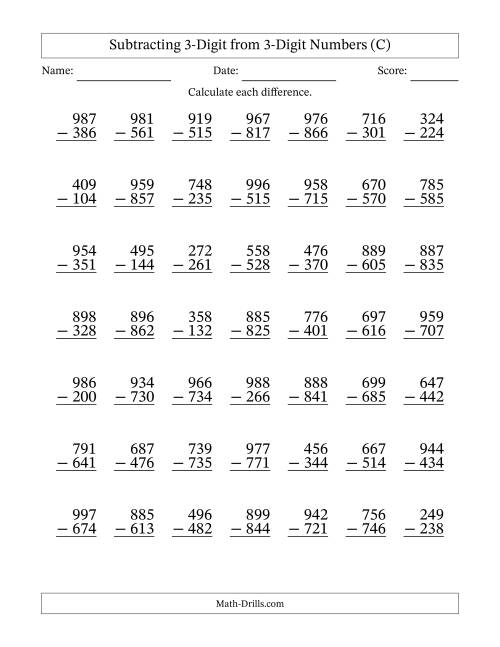 The Subtracting 3-Digit from 3-Digit Numbers With No Regrouping (49 Questions) (C) Math Worksheet