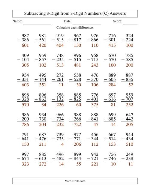 The Subtracting 3-Digit from 3-Digit Numbers With No Regrouping (49 Questions) (C) Math Worksheet Page 2
